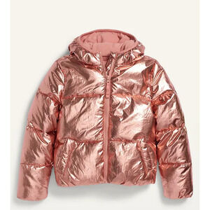 Old Navy Metallic Rose Gold Puffer Jacket Girls XL 14-16 GoWarm Hooded Coat
